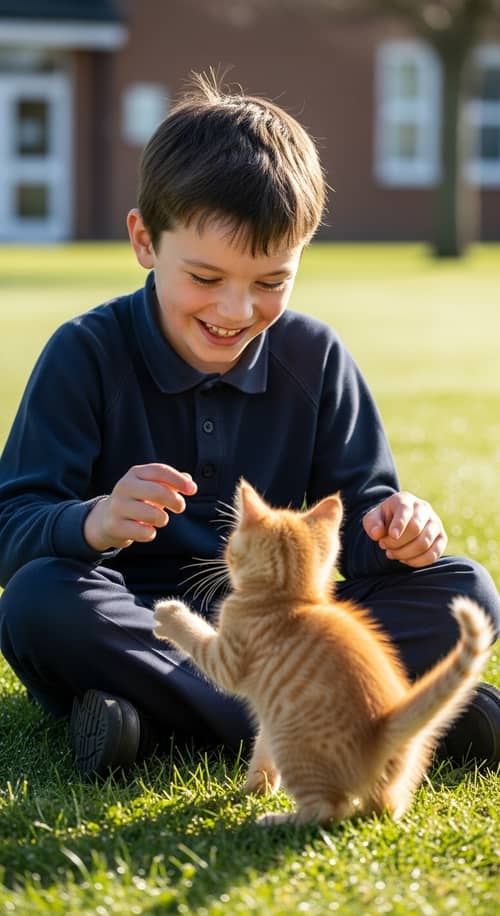 Beautiful 8-Year-Old Boy Playing with Ginger Kitten in School Uniform