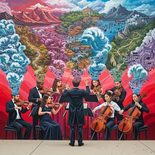 Imaginative Romantic Music Mural with Diverse Musicians and Nature Imagery