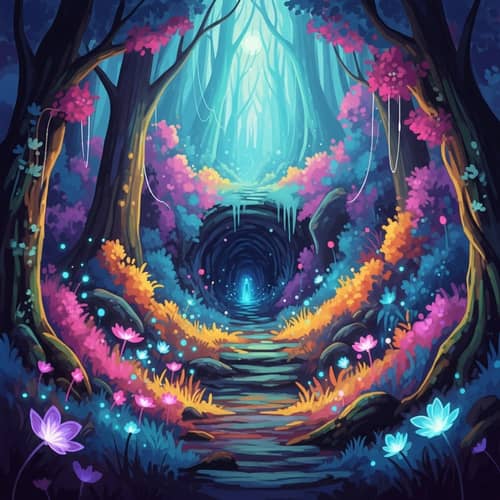 Enchanting Mystical Forest with Hidden Cave Entrance