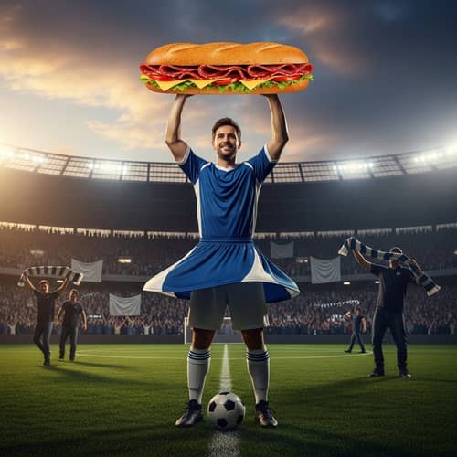 Athletic Football Player Celebrates with Salami and Cheese Sandwich