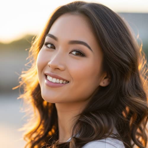 Smiling Woman with Wavy Brunette Hair and Brown Eyes