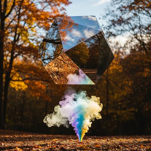Levitating Metal Geometric Object Reflecting Fall Landscape