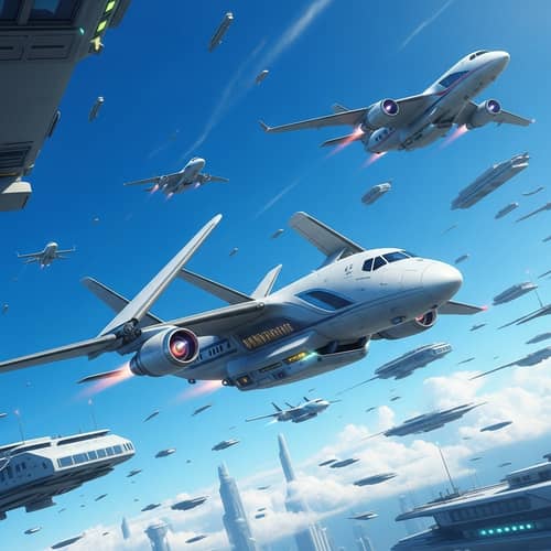 Futuristic Aircraft Designs in Aerial Cityscape