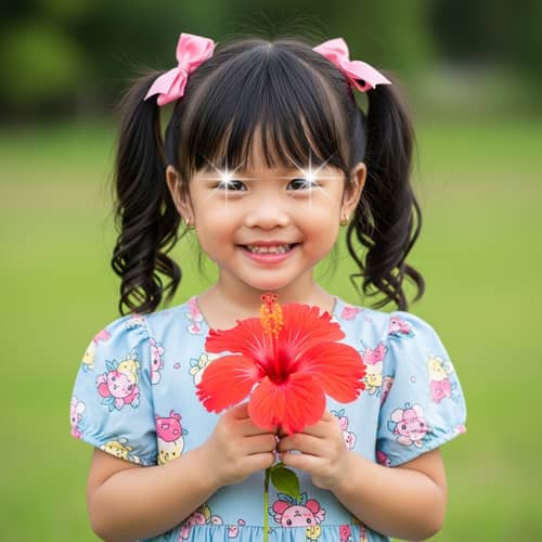 Charming 5-Year-Old Thai Girl with Bright Smile and Hibiscus Flower
