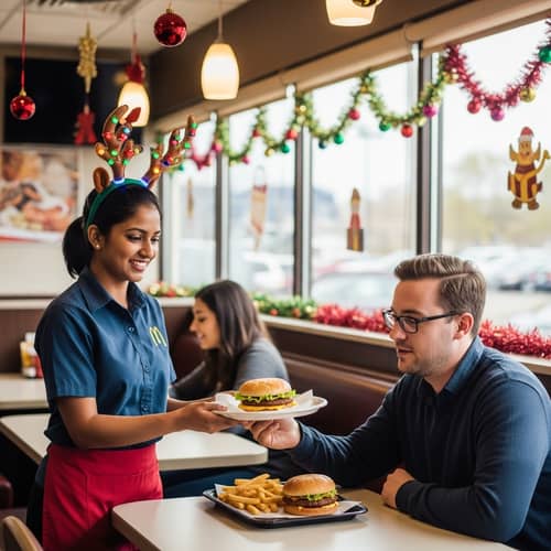 Festive Fast Food Experience with Reindeer Antler-Wearing Waitress
