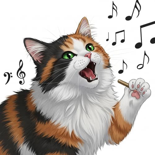 Tri-color Singing Cat Illustration | Musical Notes Background