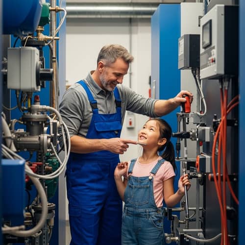 HVAC Technician and Daughter Bonding in Boiler Room