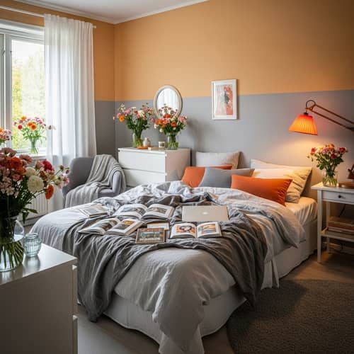 Romantic Orange and Grey Bedroom with Books, Laptop, and Flowers