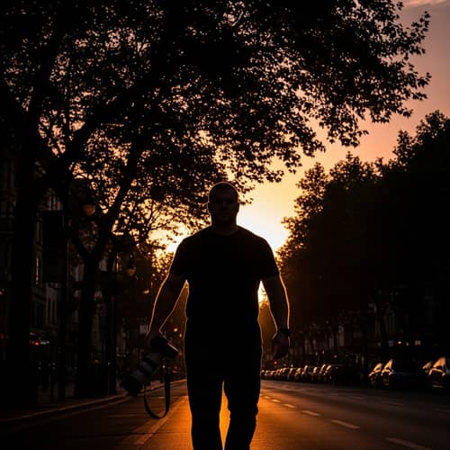 Robust Photographer Silhouette Walking Down Street