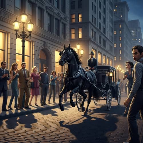 Elegant Black Horse Carriage Ride in Night City