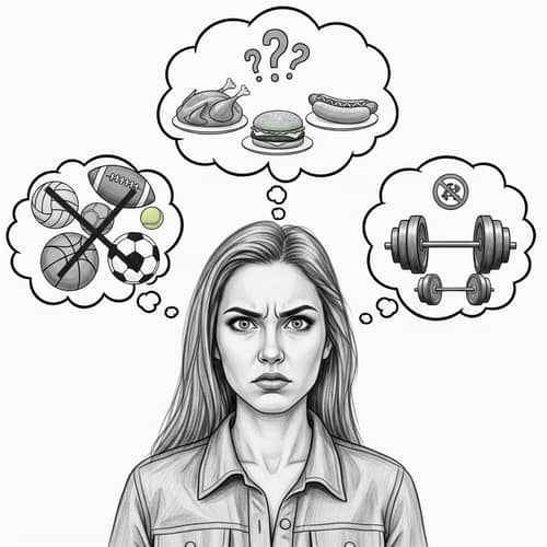Frustrated Young Woman Pencil Sketch | Sports Restriction Food Question Marks