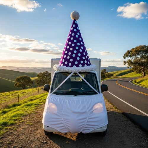 Festive Purple Party Hat on Compact Travel Vehicle