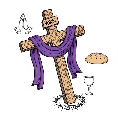 Hand-Drawn Wooden Cross with Symbolic Elements