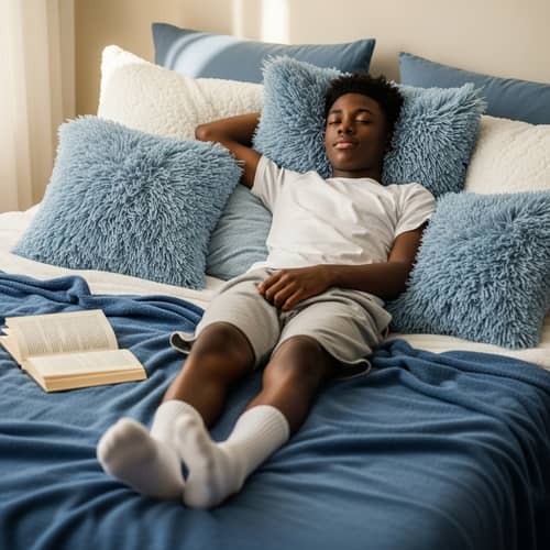 Black Teenager Relaxing on Bed | Soft Blue Blanket & Book