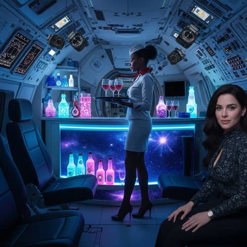 Galactic Space Bar with Flight Attendant and Sensors | Cosmic Interior Shot