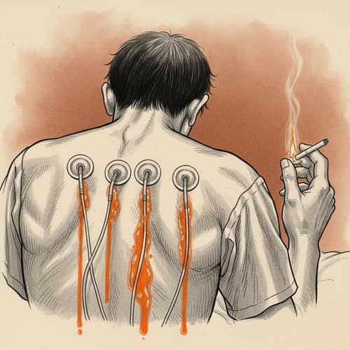 Japanese Manga Drawing of Patient's Back with Drains and Cigarette