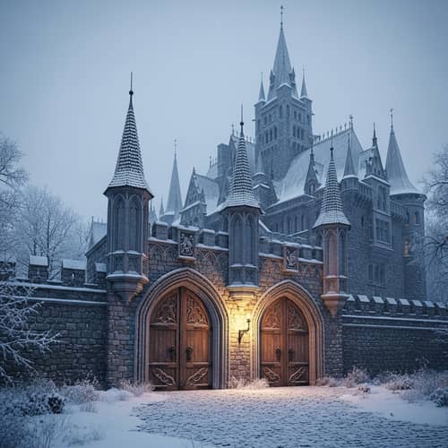 Gothic Russian Castle in Chilled Winter Landscape