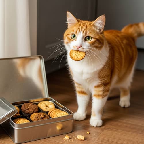 Tabby Cat Enjoying Crunchy Biscuits in Cozy Kitchen