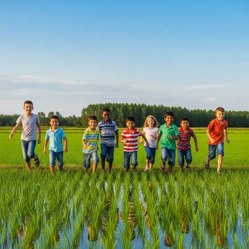 Children Running Joyfully by Lush Green Rice Field