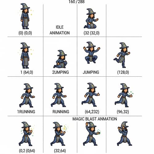 Detailed Sprite Sheet for Pixel Art-Style East Asian Female Magician Character