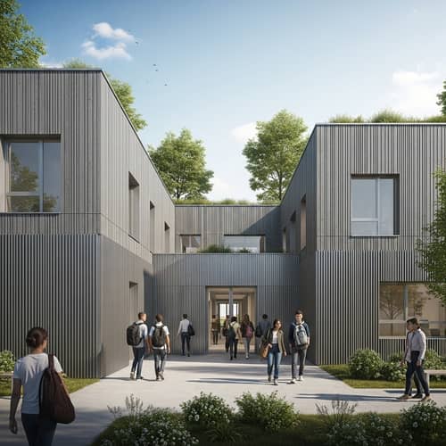 Modern School Building with Green Roofs | High School Entrance Scene