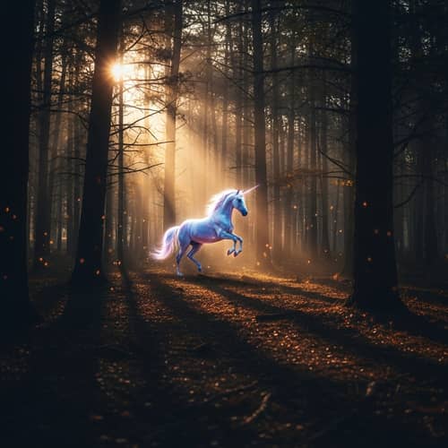Sunset-Lit Mystical Forest with Majestic Unicorn