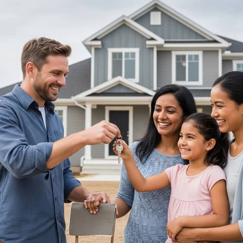 Joyful Mixed Family Receiving New House Keys | Construction Financed with Bank Loan