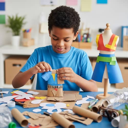 Young Mixed Race Boy Fashion Design with Recycled Materials