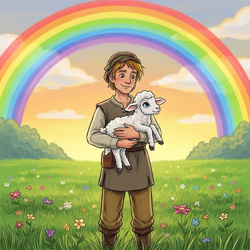 Cute Sheep Hugged by Shepherd under Rainbow