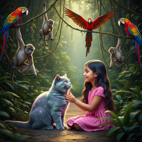 Realistic British Shorthair Cat with Girl in Pink Dress