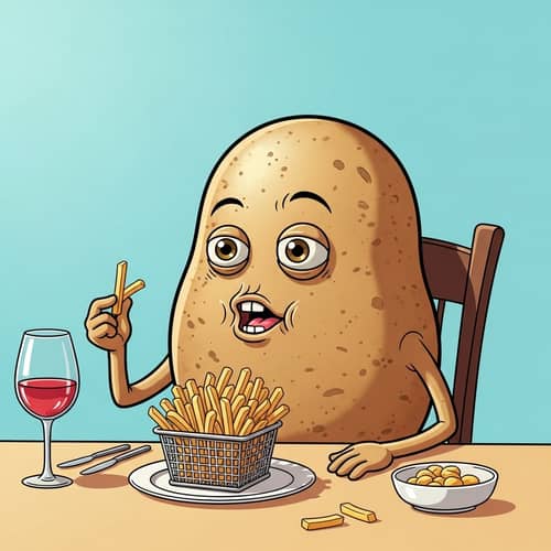 Potato Character Eating French Fry - Cartoon Setting