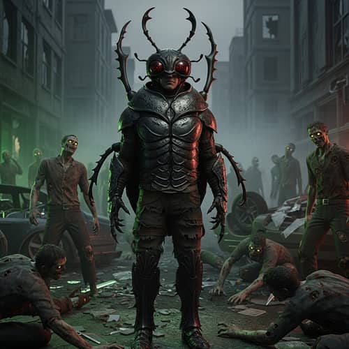 Beetle Man vs Zombies: Spooky and Fantastical 3D Scene