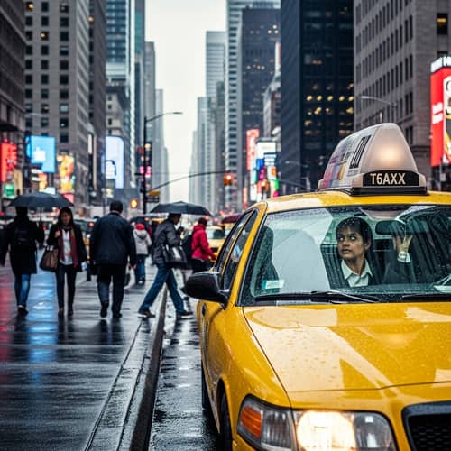 Vibrant City Street Scene with Yellow Taxi Cab and Rainfall