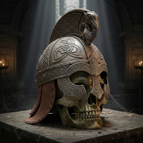 Ancient Helmet on Skull - Mystery and Antiquity