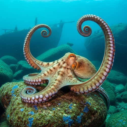 Ancient Octopus Resting on Underwater Rocks