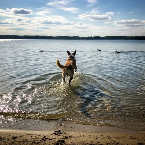 Cheerful Dog Swimming in Serene Lake