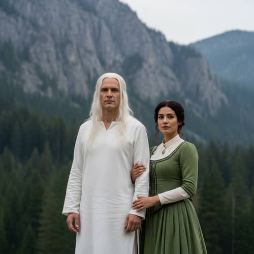 Majestic Mountain Scene with Diverse Figures