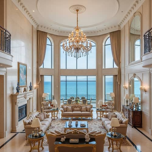Luxurious Seaside Villa with High Living Room and Lavish Furniture