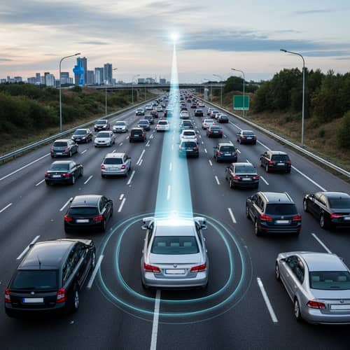 Driverless Silver Sedan Creates Heavenly Path Amid Chaos