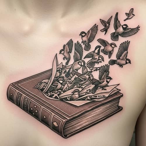 Intricately Crafted Book Tattoo with Flurry of Birds