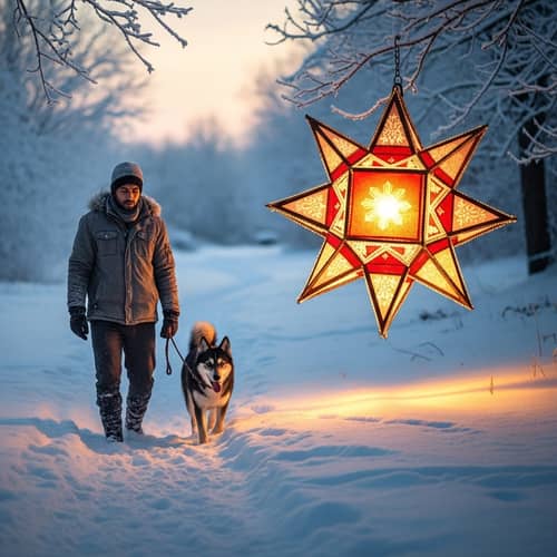 Winter Scene with Middle-Eastern Man and Dog in Snowy Landscape