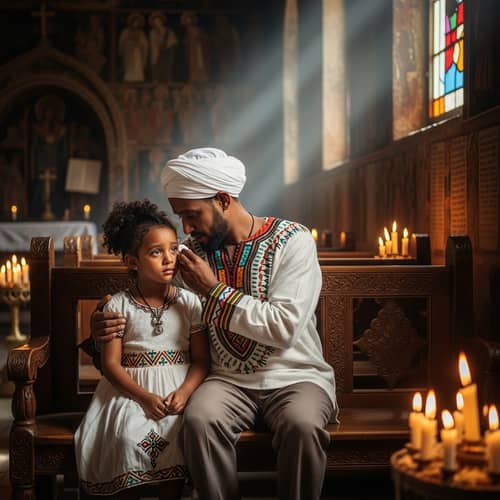 Ethiopian Father Comforting Daughter in Historical Church