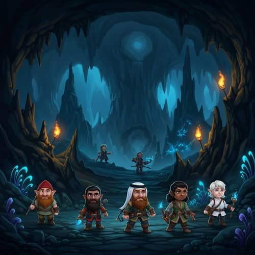 Deep Rock Galactic Game Background with Dwarfs in Deep Dark Fantasy Style