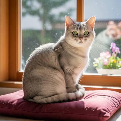 Fluffy Silver-Gray Cat with Emerald Eyes on Maroon Cushion