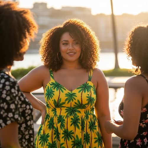 Confident Caribbean Woman in Vibrant Sundress | Heartwarming Scene