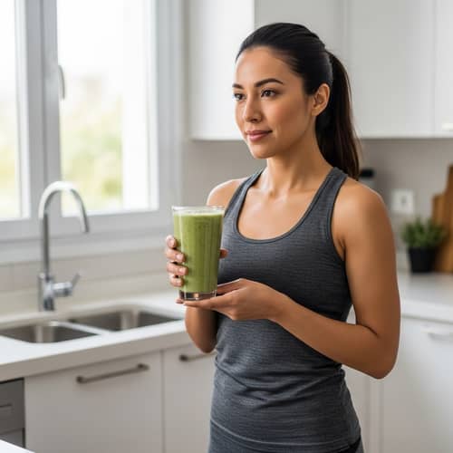 Healthy Lifestyle: Adult Hispanic Female with Green Protein Shake