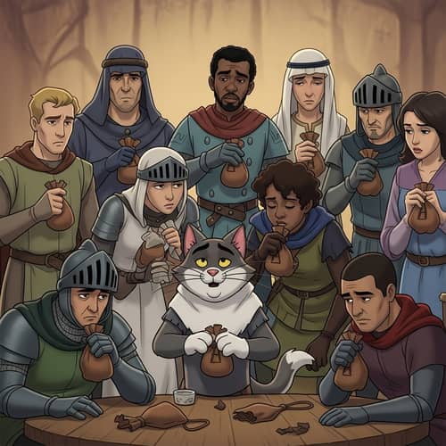 Animated Feline Character Surrounded by Diverse Knights