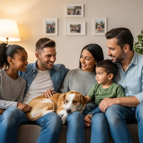 Heartwarming Family Scene with Beloved Dog on Plush Couch