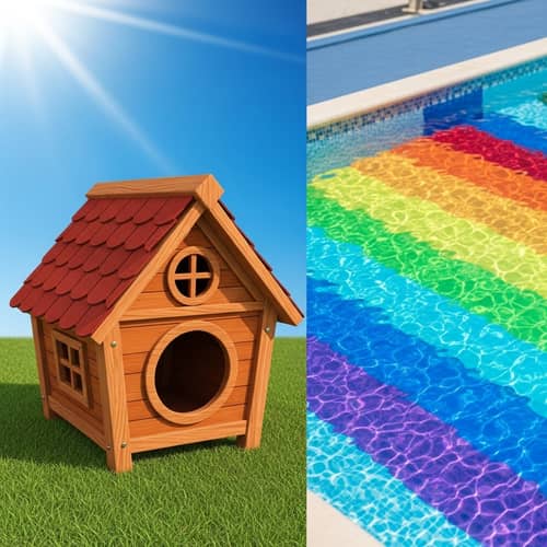 Vibrant Dog House and Rainbow Pool Scene Outdoors