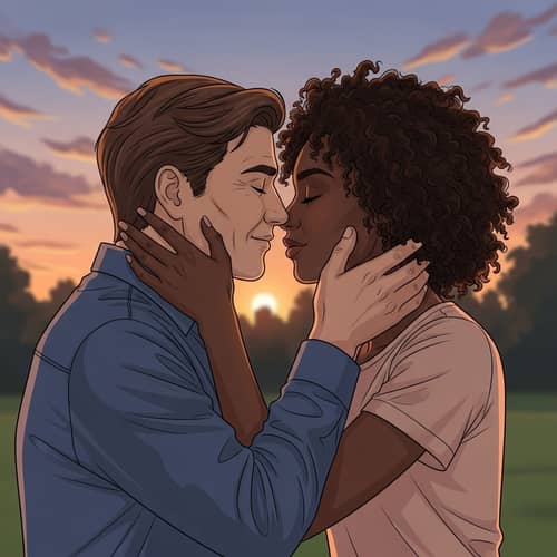 Romantic Sunset Kiss in Park with Caucasian Man and Black Woman